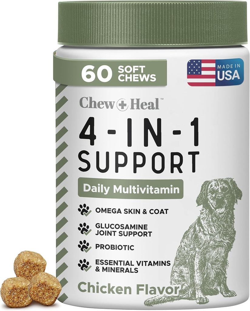 Tutti in 1 Cane Vitamine e Integratori, 60 Mastica morbida Multivitaminici con Glucosamina, Probiotici, Omega Fish Oil -per pelle, Cappotto, Hip, Joint & Gut Health -Senior, Puppy, Large & Small Dogs