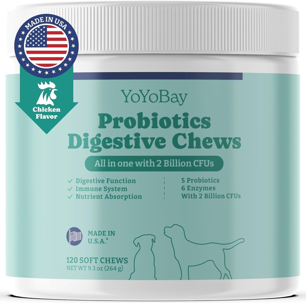 Probiotici per cani, probiotici per cani e prebiotici con enzimi, per la salute e l'equilibrio del seno Gut & Digestive, Support Immune System, Pollo Flavor, 120 Soft Chews