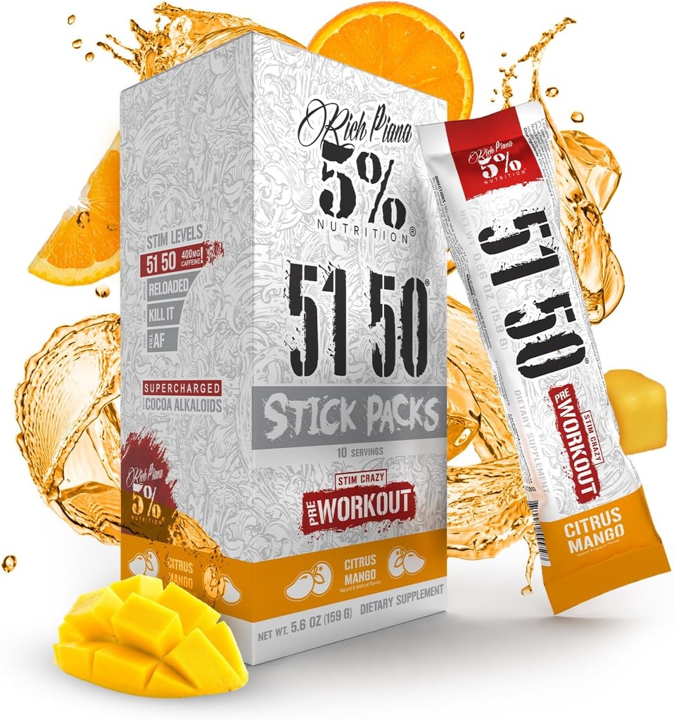 5% Nutrition Rich Piana 5150 High Stim Pre-Workout Powder Packets | Extreme Energy, Focus, Pumps & Endurance | 513 mg Caffeine Complex, Citrulline, Beta Alanine, L-Tyrosine (Citrus Mango) (10 Conte)