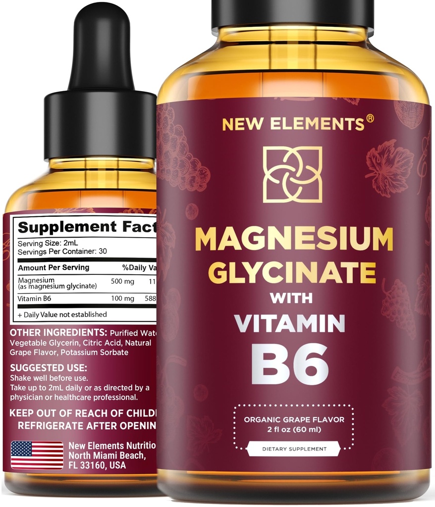 Liquid Magnesio gocce di glicinato con vitamina B6 - Magnesio Supplemento 500mg & Vitamina B6 100mg | Non OGM No Gluten | Stress Relief | Sonno e Rilassamento | Muscle & Heart Support | Natural & Vegan