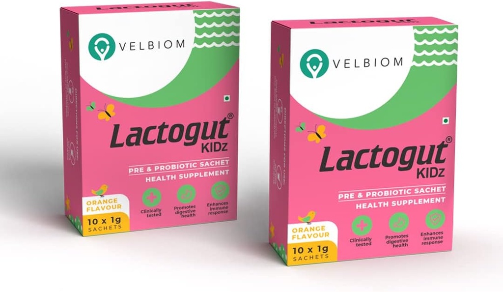 Lactogut Kidz Probiotics Polvere per i bambini Facile da Consumare Probiotici per i bambini Gut Salute, Benessere e Immunità Vegan Clinically Proven - Confezione 2