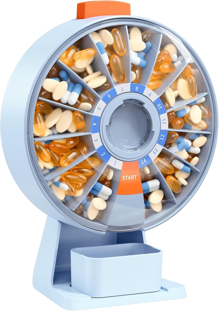 Dispenser di Pillole Daviky Quotidiano, Grande organizzatore di Pillole con parete-Mounted o in piedi uso, contenitore di pillole 14 giorni, progettazione pulsante, scatola di pillola settimanale per la vitamina, medicina, rifornimento, olio di pesce (blu)