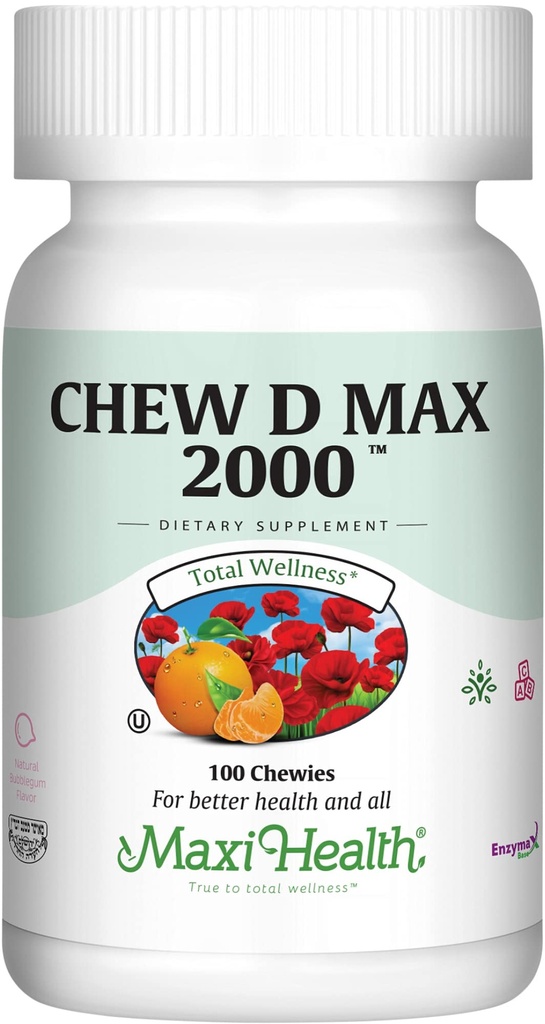 Maxi Salute Chewable Vitamin D3 2000 IU Supplemento - Delicious Natural Bubble Gum Flavor - Supporta l'assorbimento di calcio, Immune e Bone Salute in donne adulte, uomini, bambini e bambini - 100 Chews