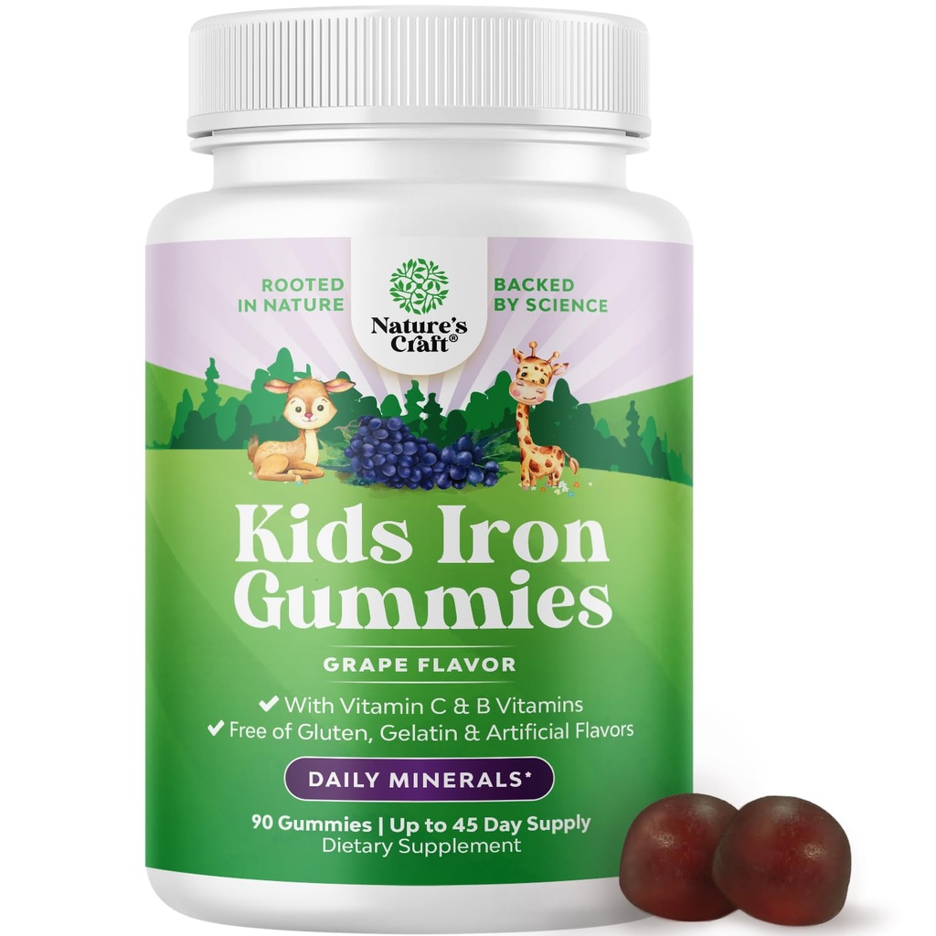 Gommie di ferro per bambini - Integratori di ferro per il costruttore di sangue per bambini con Gentle per l'immunità e l'energia più forti - Vitamina B12, Folate & Vitamina C Gummies - Vegan GMO & Gluten Free per i bambini - 90 Conte