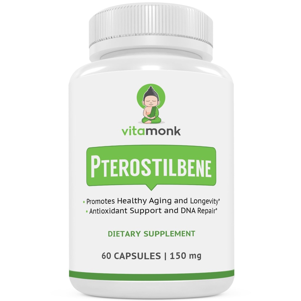 VitaMonk Pterostilbene 150mg Capsule Senza Filler Artificiali - Soy Free Trans-Pterostilbene Supplemento che promuove l'invecchiamento sano e longevità - 60 Veggie-Caps - Resveratrolo migliorato