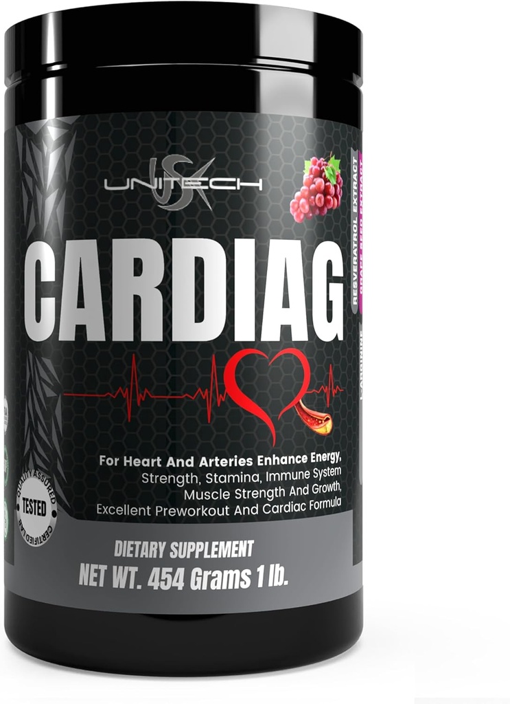 Unitech USK Cardiag polvere | Supplemento naturale con L-Arginina, L-Citrullina, Estratto di semi di uva, Resveratrolo e Coenzyme Q10 | Sapore di uva, 16 oz