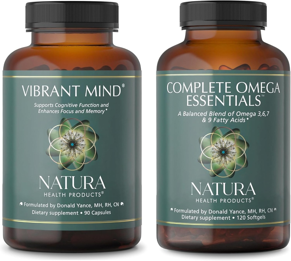 Natura Health Products Vibrant Mind and Complete Omega Essentials Supplement Bundle - Nootropic Brain Supplemento per Memoria e Focus - Equilibrata miscela di Omega 3, 6, 7, & 9 acidi grassi