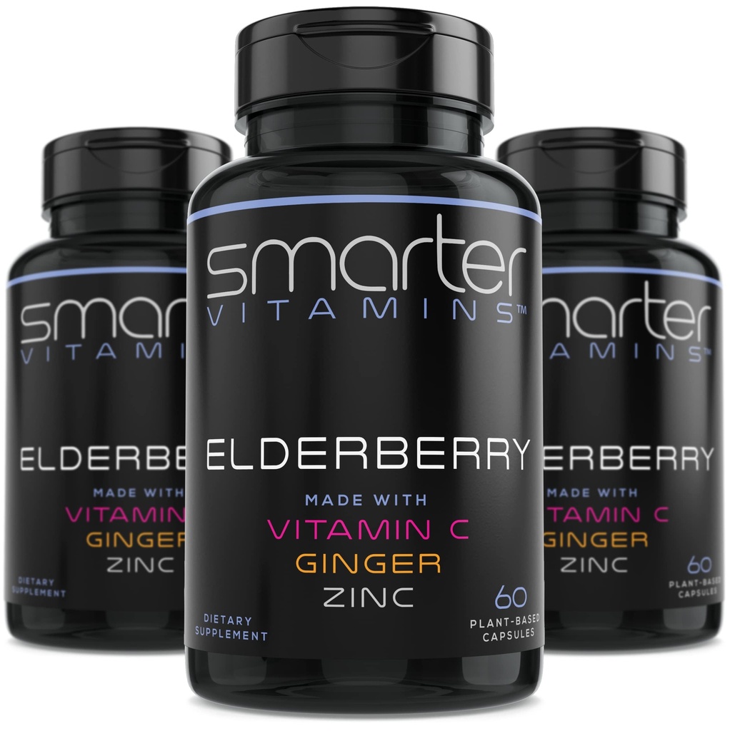 (3 Pack) Smarter Elderberry Capsule + Vitamina C + Ginger & Zinc, Integratore di erbe, Potente Black Elder Berry Extract Antioxidant Vitamin, 180 Vegan Pills