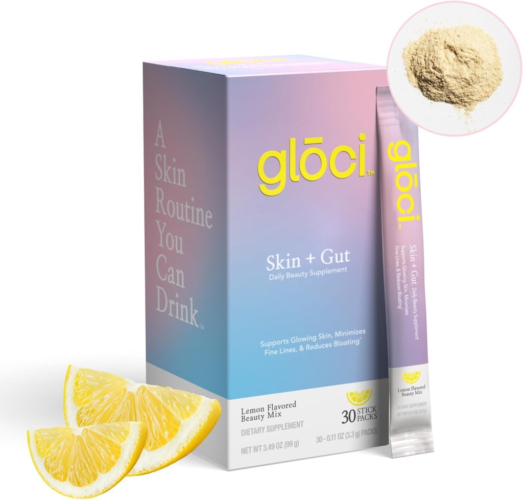 Gloci Skin + Gut - Probiotico DE111 - Acido ialuronico, Magnesio, Vitamina C, Zinco, Polvere di acqua di cocco - Probiotico clinicamente studiato per la pelle radiante, Salute Gut, Idratazione - 30 Conte
