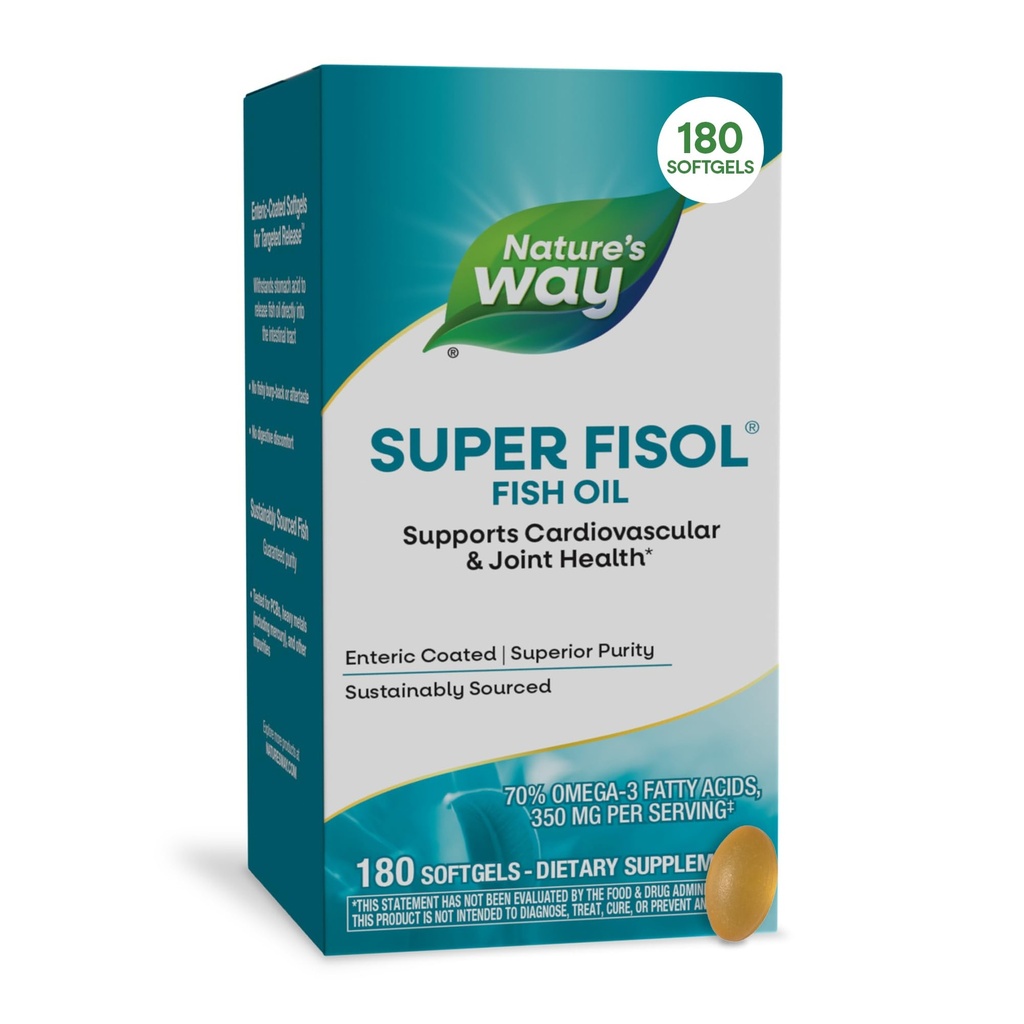 Super Fisol Fish Oil, Enteric Coated, Supporta la salute cardiovascolare e congiunta*, Mega Potency Omega-3s, 180 Softgels (Packaging May Vary)