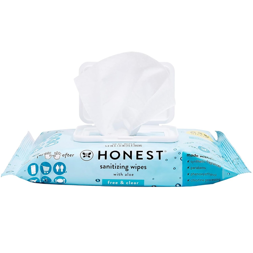 The Honest Company Fragrance Free Sanitizing Alcohol Wipes | Antibatterico + Sicuro per le mani | Kills 99% di Germs, Made With Aloe | 50 Count (1 pacchetto)