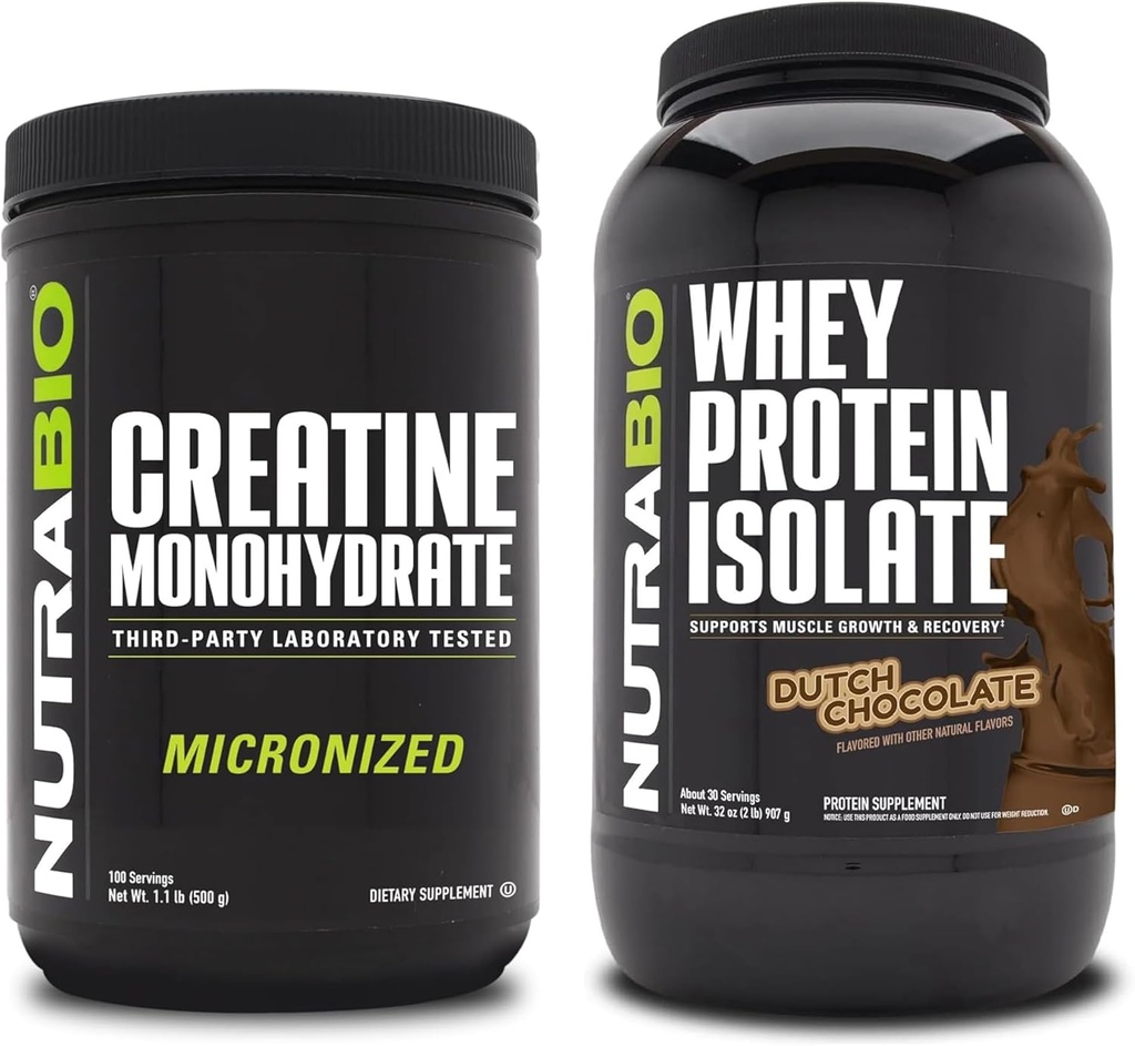 NutraBio Creatina monoidrato, non aromatizzato, 500g e Whey Protein Isolate, Cioccolato olandese, Supplement Bundle - Muscle Energy, Magra crescita del muscolo, recupero e resistenza