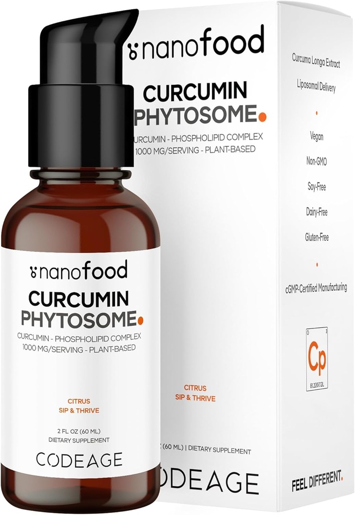 Codeage Liposomal Curcumin Phytosome Liquid Supplemento, curcumina curcuma curcuma Vegan Liquid Drops, curcuma a base vegetale Longa Dropper, Curcumina, Sunflower Phospholipid, Sugar-Free, Citrus Flavor, 2 fl oz