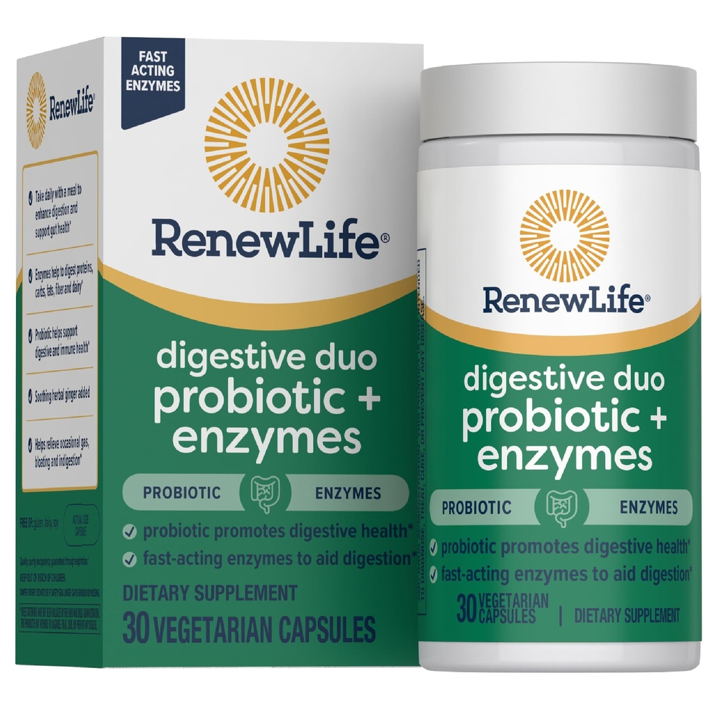 Rinnovare la vita Digestivo Duo Probiotico ed Enzimi Capsule Vegetariani, Probiotico Promuove la salute digestiva, Digestione di aiuto di Enzymes ad azione rapida, Con Erbe calmanti - 30 Conte