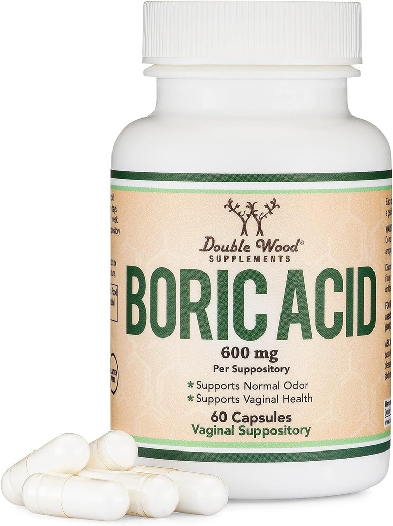 Suppositori di acido borico (600mg Vaginal Suppository, 60 Count) supporta l'equilibrio del pH vaginale, il controllo dell'odore (USP Medical Grade Fine Powder, Easy Dissolve, Terze Parti Testate) da doppio legno