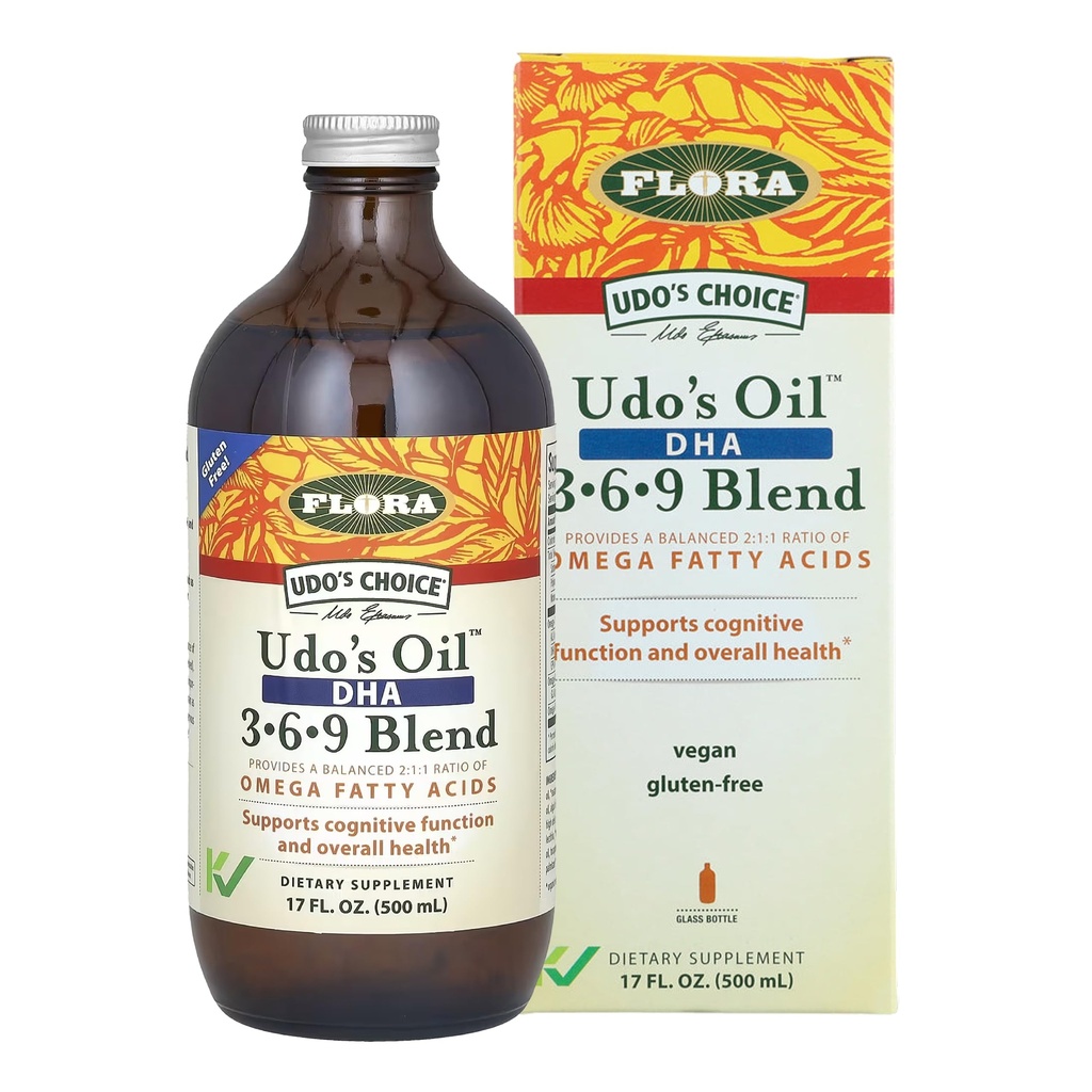Flora - Olio di Udo DHA 3-6-9 Blend - Integratore per la salute degli occhi e del cervello vegetariano - Omega-3 & Omega-6 - Contiene olio di semi di girasole e lino - Kosher & Organic - Tenere Chilled - 17 fl. oz.
