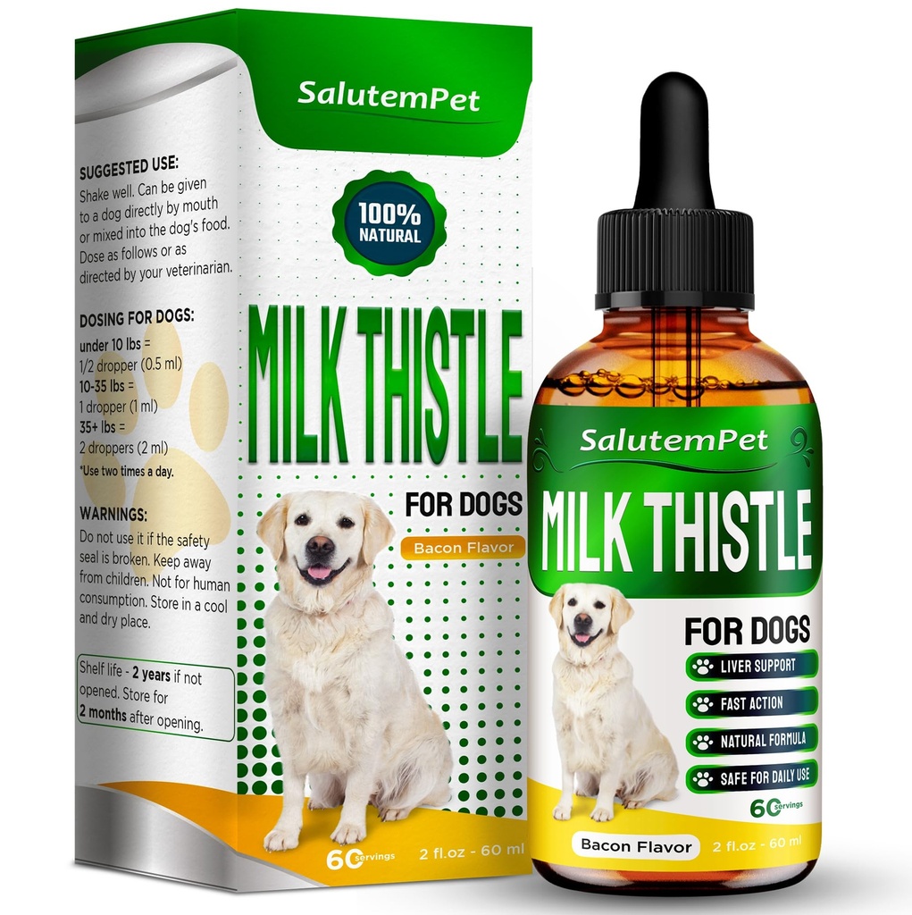 Thistle di latte per cani | Supplemento di fegato di cane per tutte le età e le razze | Qui è solo composizione erbe | + Attraente e Super Yummy Bacon Flavor | 2 Oz
