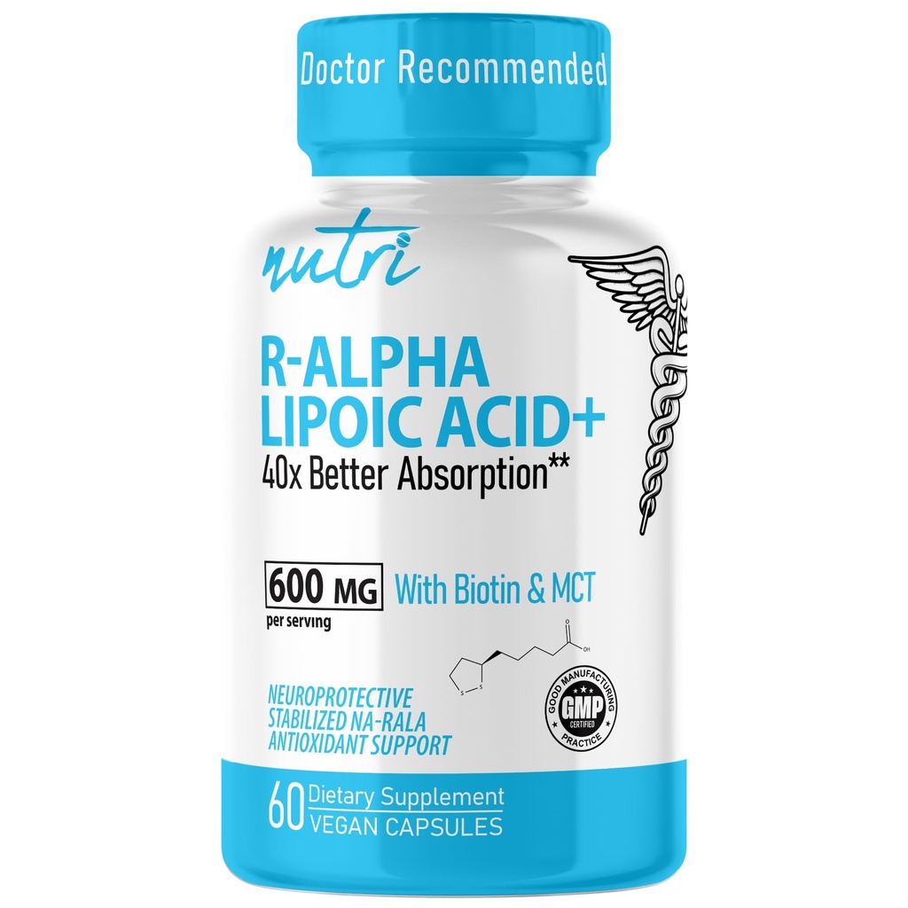 Nutri R Alpha Lipoic Acid 600mg Capsule - R Acido Lipoico Stabilizzato con Biotina - Forma Attiva di R-ALA - 600 mg Dosaggio Clinico - Potente Supporto Energetico Cellulare - 60 Capsule Vegan - RALA