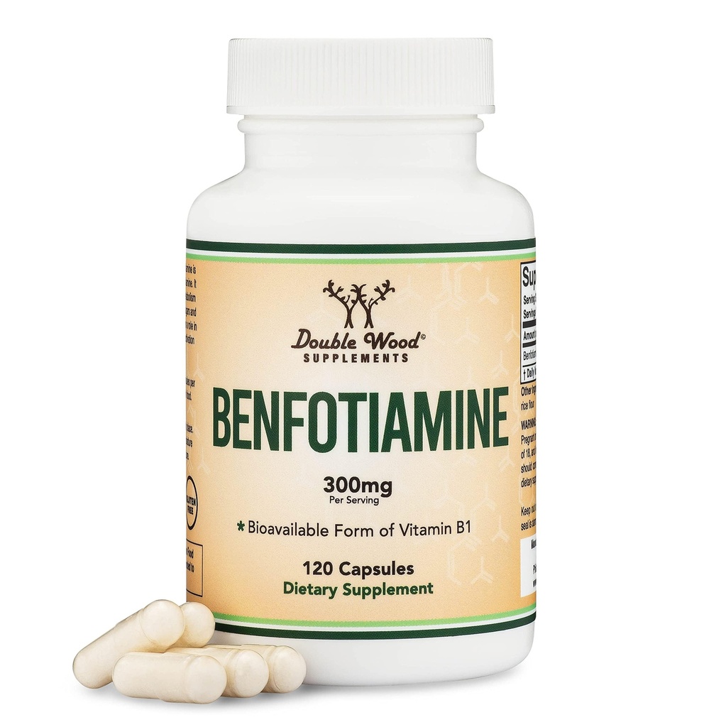 Benfotiamine 300mg Servings (Third Party Tested, 120 Capsule, 150mg Per Cap) Non OGM, per aumentare i livelli di Thiamine B1 (più assorbibile di Thiamine, grasso solubile) di doppio legno
