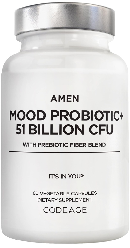 Amen Mood Probiotic Supplemento 51 miliardi di CFU - Prebiotici Organici e Probiotici - Acidophilus Probiotic Pills, Fibre - Mood Organic Ashwagandha, Blueberries - Vegan & Non-GMO - 60 capsule