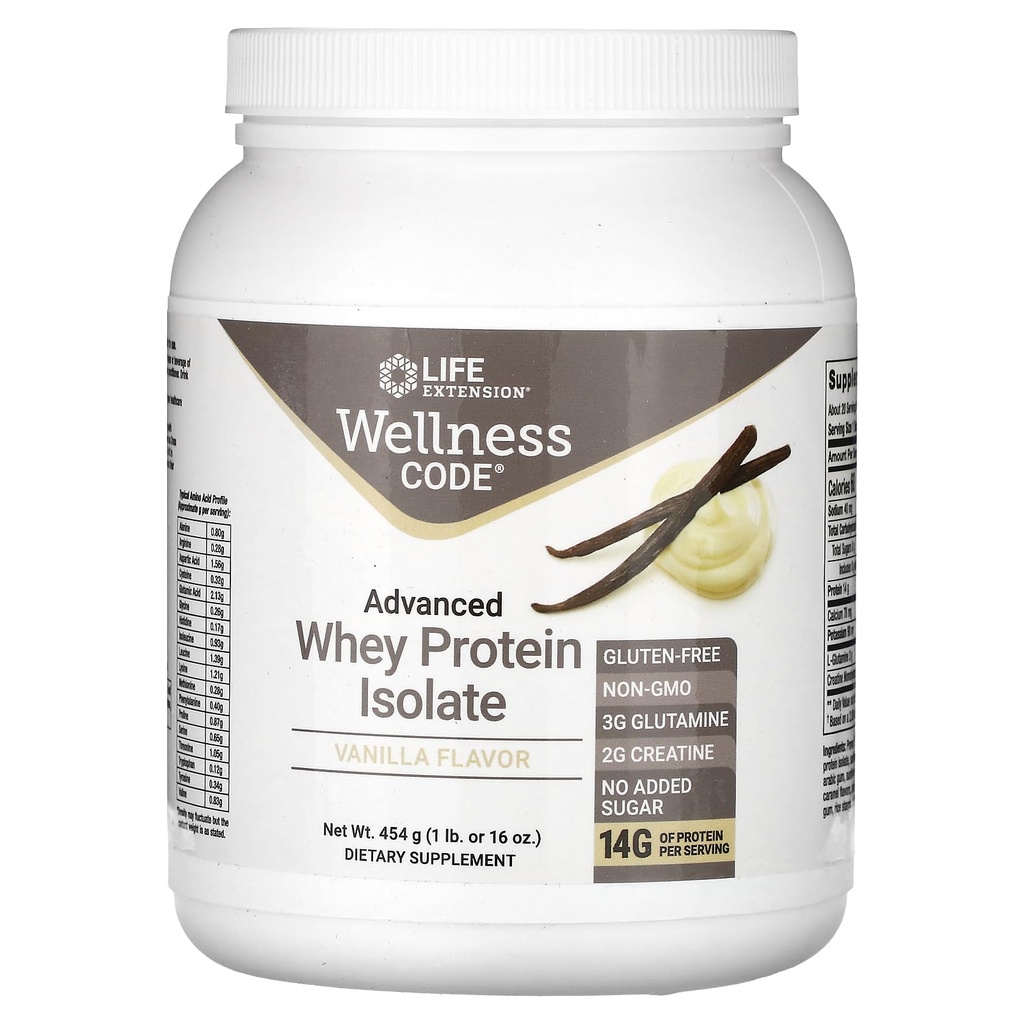 Life Extension Wellness Code® Advanced Whey Protein Isolate (Vanilla), creatina, glutammina, Mix for Muscle Growth & Immune Health, no Sugar Aggiunto, Gluten Free, Non-GMO, 454 Grammi, 20 Serve