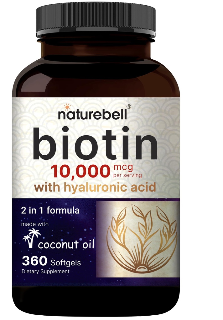 NatureBell Biotin 10000mcg + Acido Ialuronico 25mg | 360 Coconut Oil Softgels, Integratore Biotina Premium per Capelli e Unghie*