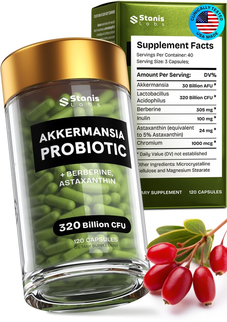 Akkermansia Muciniphila Probiotics 320 Billion CFU| GLP-1 Probiotici e Prebiotici | Akkermansia Probiotici per la salute delle gent | Inulin Prebiotic Fiber Capsule Astaxanthin & Berberine & Chromium 120 conteggio