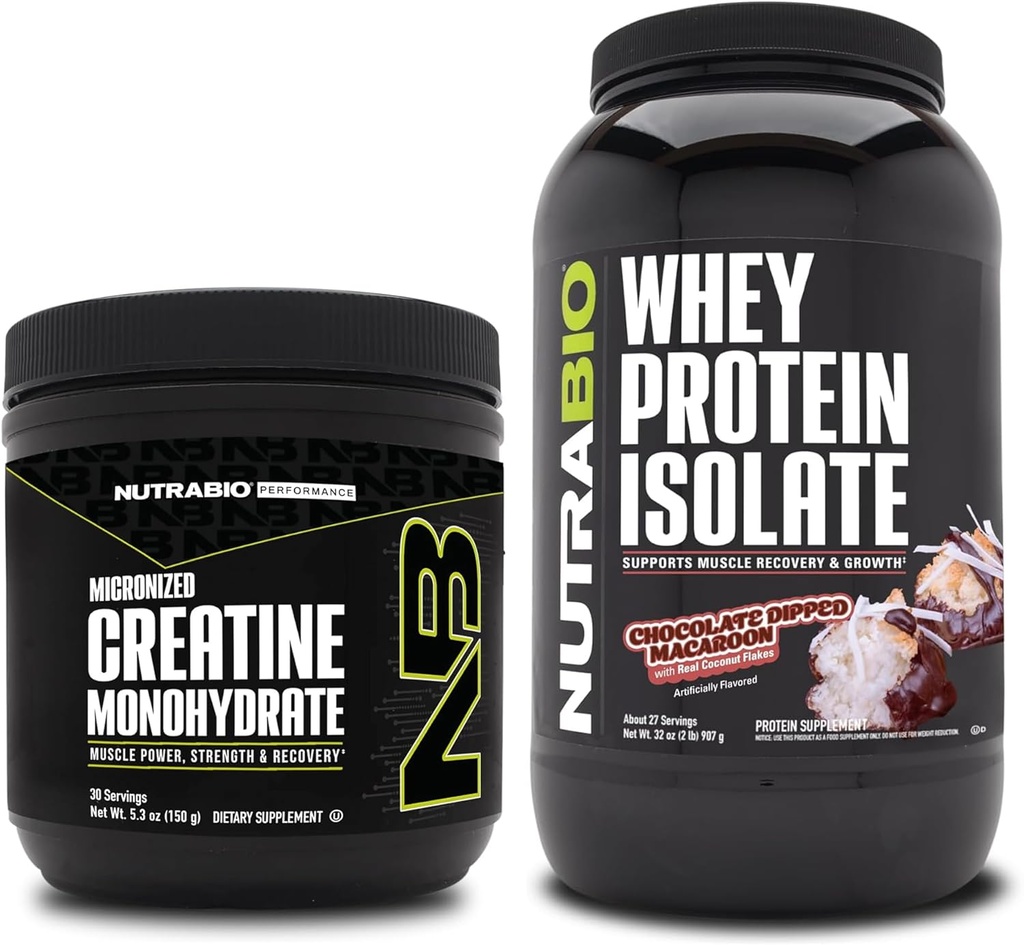 NutraBio Creatina Monoidrato, Unflavored, 150g e Whey Protein Isolate, cioccolato Dipped Macaroon, Supplement Bundle - Muscle Energy, Magra crescita muscolare, Recupero e resistenza