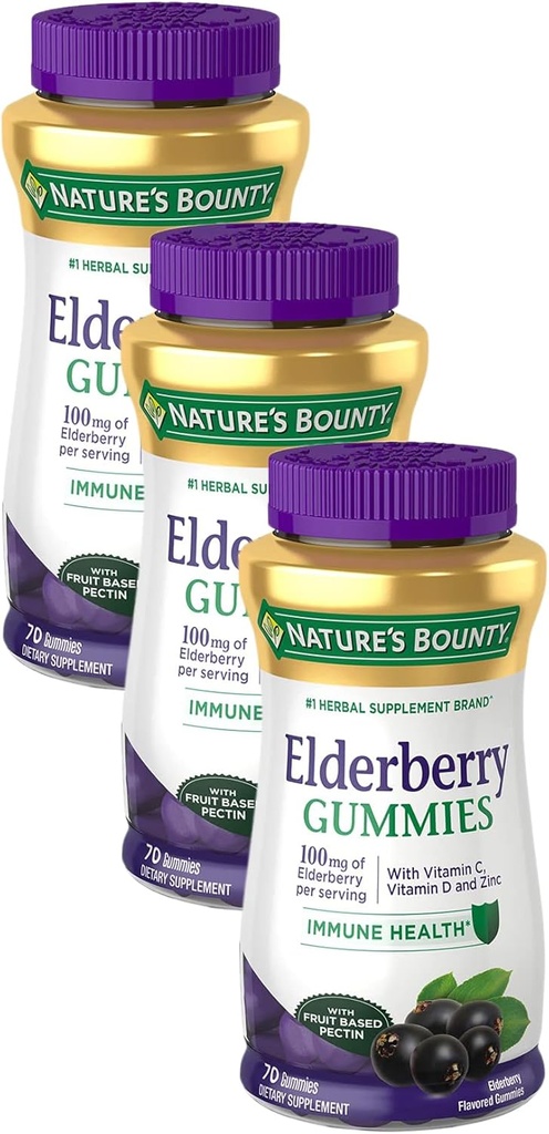 Gummie di sambuco, Integratore alimentare, Supporta la salute immunitaria, Contiene vitamina A, C, D, E e Zinco, 100 mg, 70 Gummies (Pack of 3)