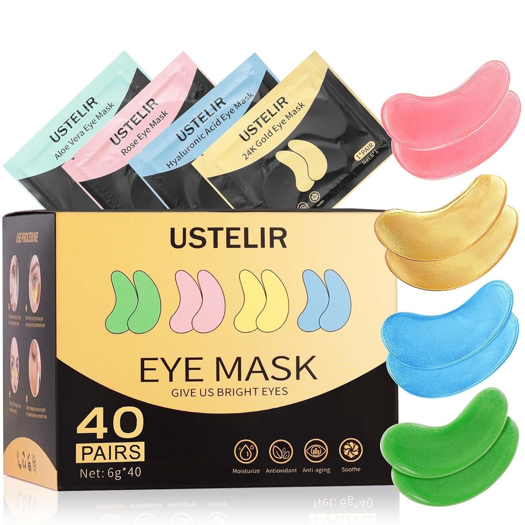 Sotto Eye Patches, 40 coppie Maschera Occhi per cerchi scuri, occhi gonfiati, borse sotto occhi, rughe,Eye Mask Patches con oro 24K, acido ialuronico,Rose & Aloe Vera, Trattamento occhi Cura della pelle per uomini e donne Regalo