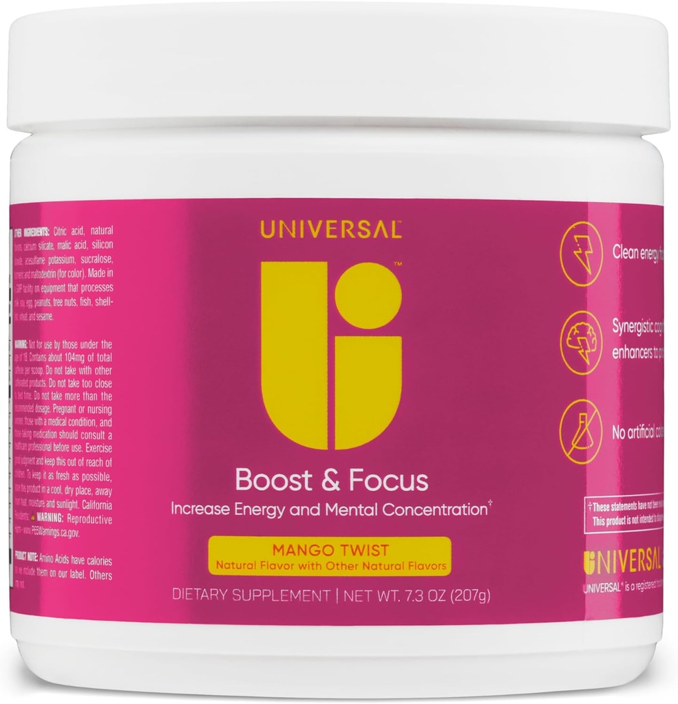 Universal U Boost & Focus Powder, Aumentare l'energia e le prestazioni cognitive, Pre allenamento, Dosaggio personalizzato, VIT B12, Niacin, Choline, L-tirosina, Nessun aroma artificiale, 30 Serve (Mango Twist)