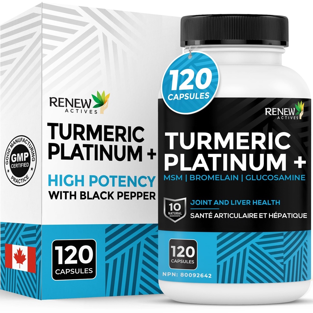 Renew Actives Turmeric Platinum 1350MG per 3 capsule con Black Pepper & Ginger – Antiossidante, Liver & Digestive Support – Riduce l'immunità di infiammazione & Boosts – Made in Canada – 120 capsule