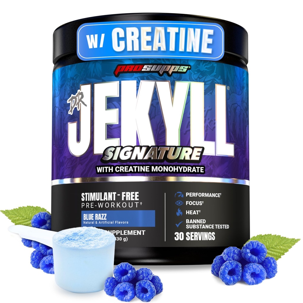PROSUPPS Dr. Jekyll Signature Pre Workout Powder with Creatine - Stim-Free Preworkout Supports Focus & Endurance - Caffeina-Free Gym & Fitness Supplements (Blueberry Lemonade, 30 Servings)