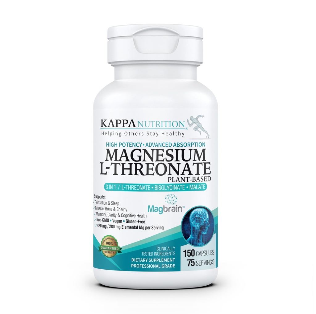 Kappa Nutrition Alimentato da MagbrainTM Magnesio L-Threonate Plant-Based, Magnesio Elementale 420mg (3 capsule) da 2,253mg, 150 Capsule Vegan, Cervello, Sonno e Supporto Muscolare.