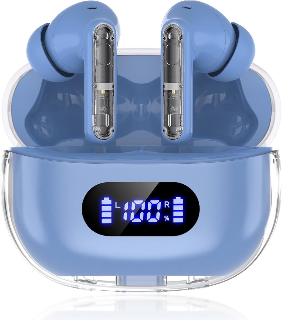Blue Wireless Earbuds P1 PRO, Auricolari cuffie Bluetooth wireless con Clear Call Mics Ear Buds, Confortevole Fit, IPX7 Impermeabile lunga durata della batteria, 30H tempo di riproduzione per allenamento sportivo