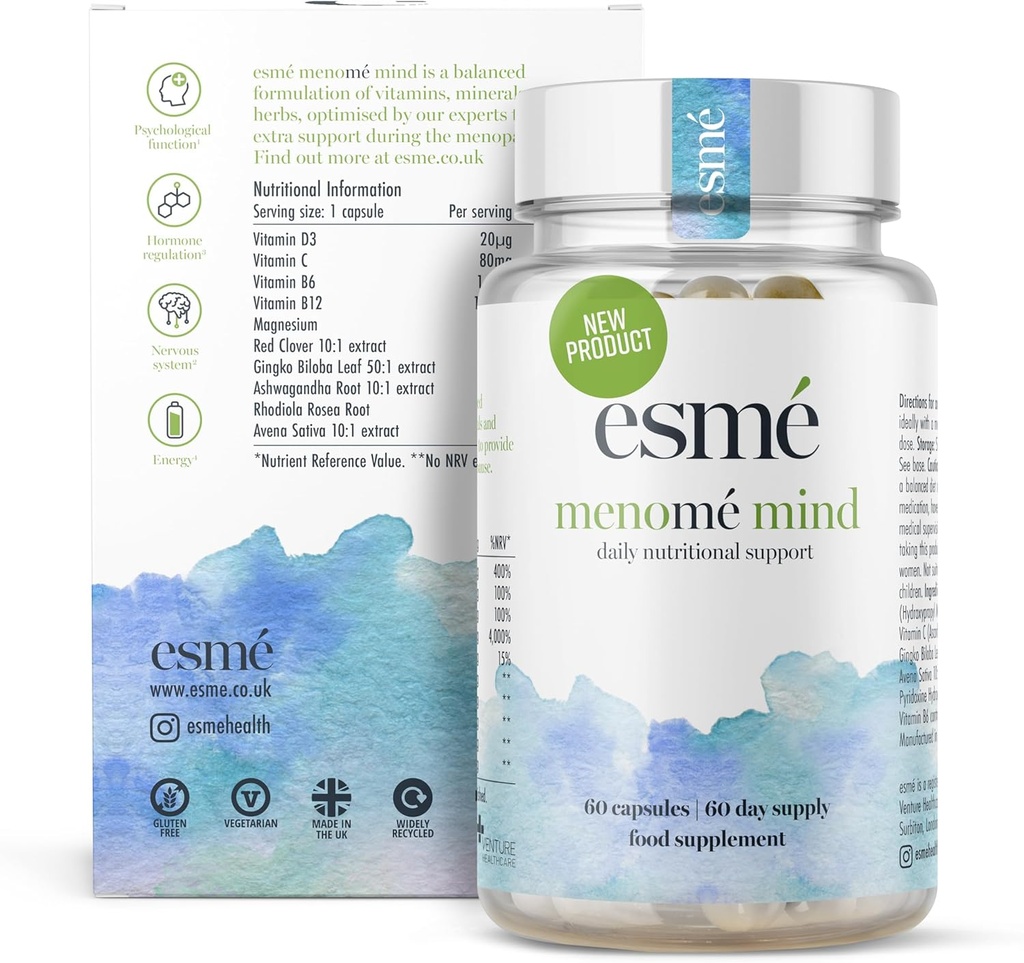 esmé menomé Mind - Supporto nutrizionale giornaliero prima, durante e dopo la menopausa – Due mesi di fornitura di 60 capsule, contaminare ashwagandha e Gingko biloba