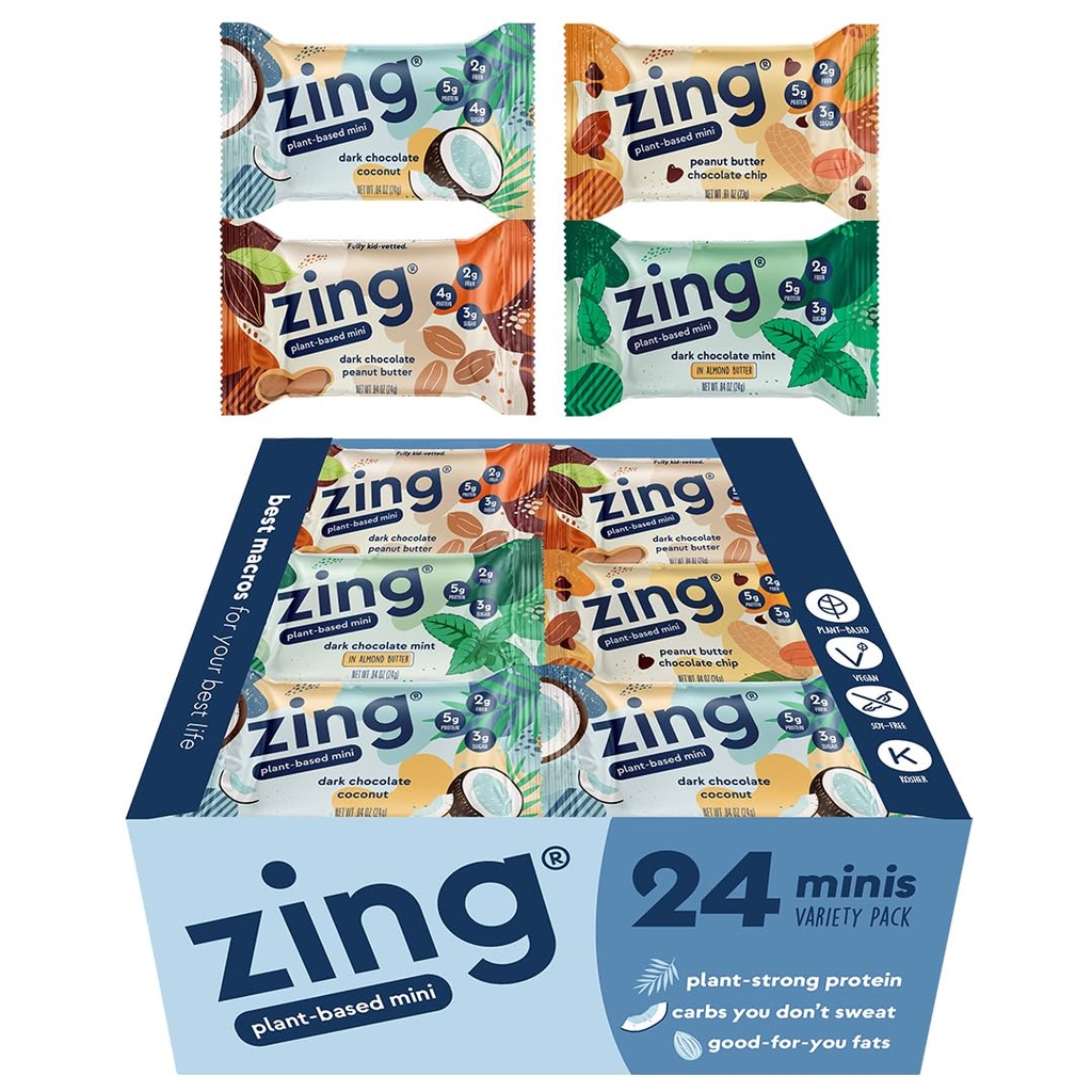 Zing Kids Protein Bars Variety Pack, Gluten Free 100 Calorie Mini Bars with High Protein, Vegan Nutrition Bars, Dairy Free Plant Based Protein - 24 conteggio