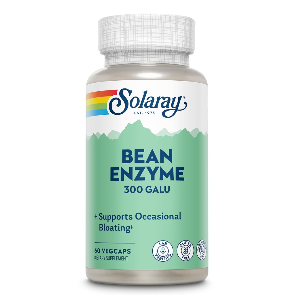 SOLARAY Bean Enzyme 300 GalU - Enzimi digestivi di Galactosidasi alfa per le donne e gli uomini - Supplemento di salute digestivo - Supporta Bloating occasionale e Rilievo di gas per gli adulti - 60 Serve, 60 VegCaps