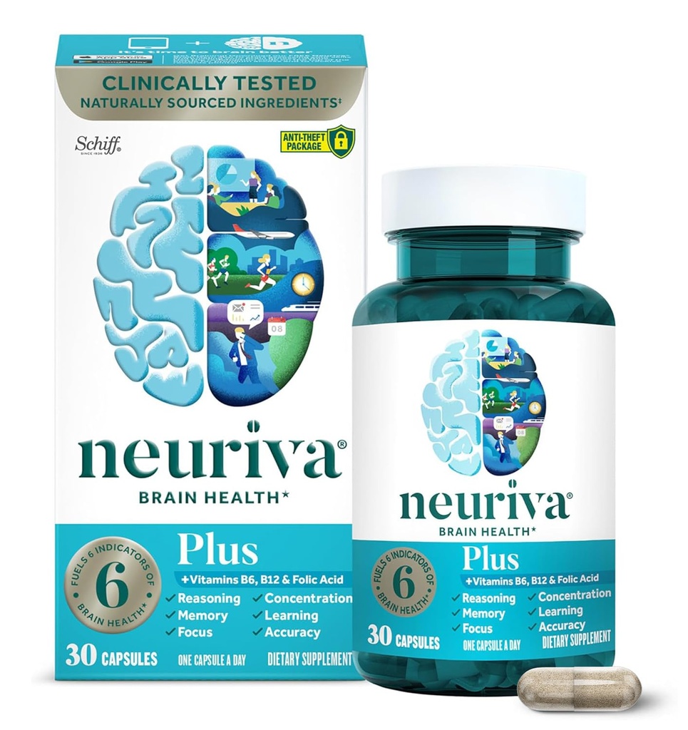 NEURIVA Plus Brain Supplemento per Memoria, Focus & Concentrazione + Funzione cognitiva con Nootropi clinicamente testati Phosphatidylserine e Neurofactor, Vitamine B6 & B12, 30 Conta capsule