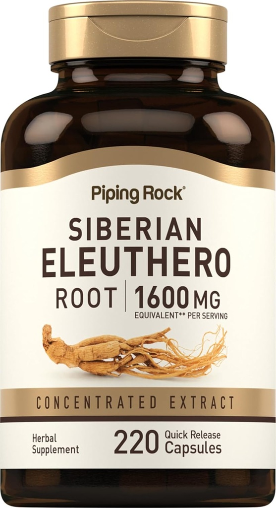 Piping Rock Siberian Eleuthero Root Capsule 1600mg | 220 Count | Estratto di erbe concentrato | Non OGM, Gluten Free Supplement