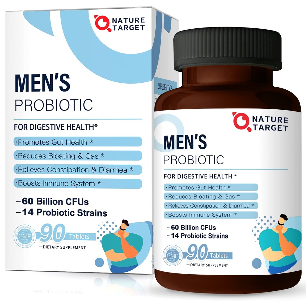 NATURA TARGET Probiotici per gli uomini con supplemento di cura degli uomini, prebiotici e probiotici per la salute digestiva e immunitaria degli uomini, 60 miliardi di CFU & 14 Strains Shelf Stable, Gluten & Soy Free (90 compresse)