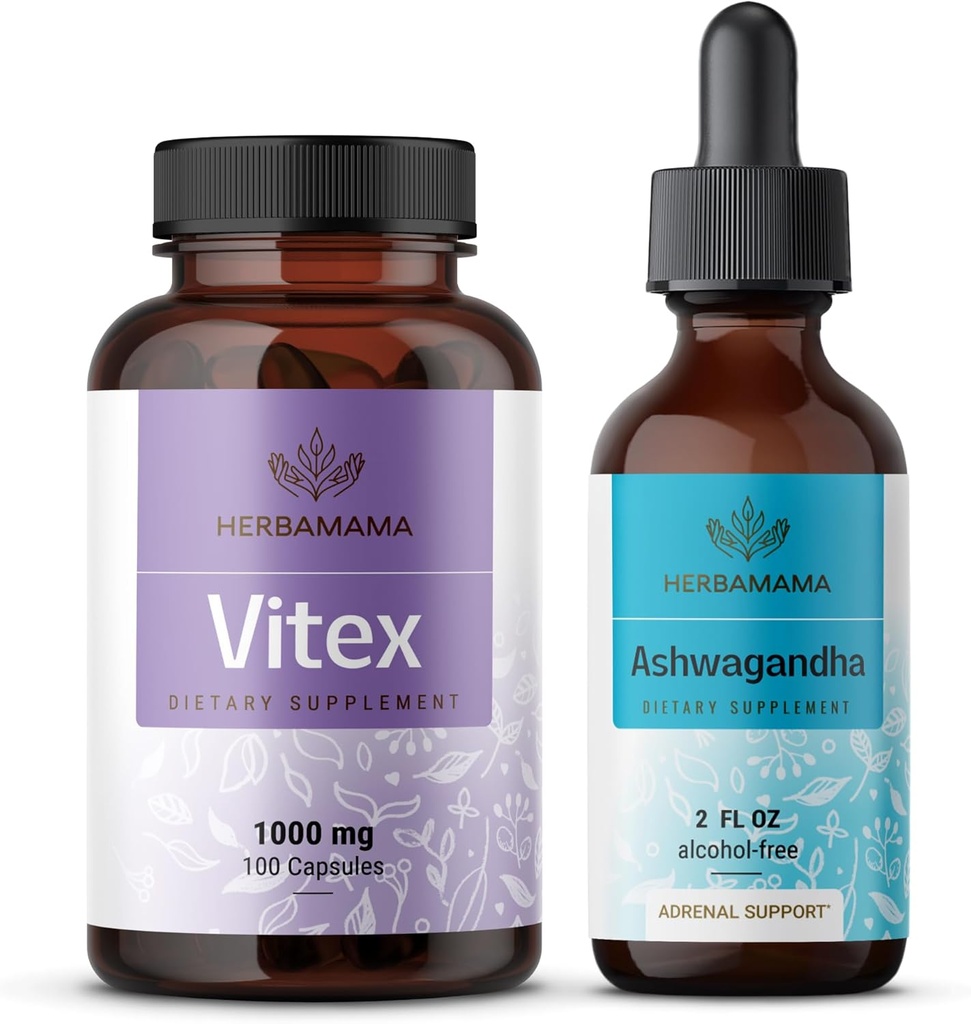 HERBAMAMA Vitex e Ashwagandha Kit - Bundle di 1000 mg Vitex Chasteberry Capsules & Ashwagandha Liquid Drops 2 fl oz - Vegan, Non-GMO, Sugar & Alcohol-Free - 2 Pack