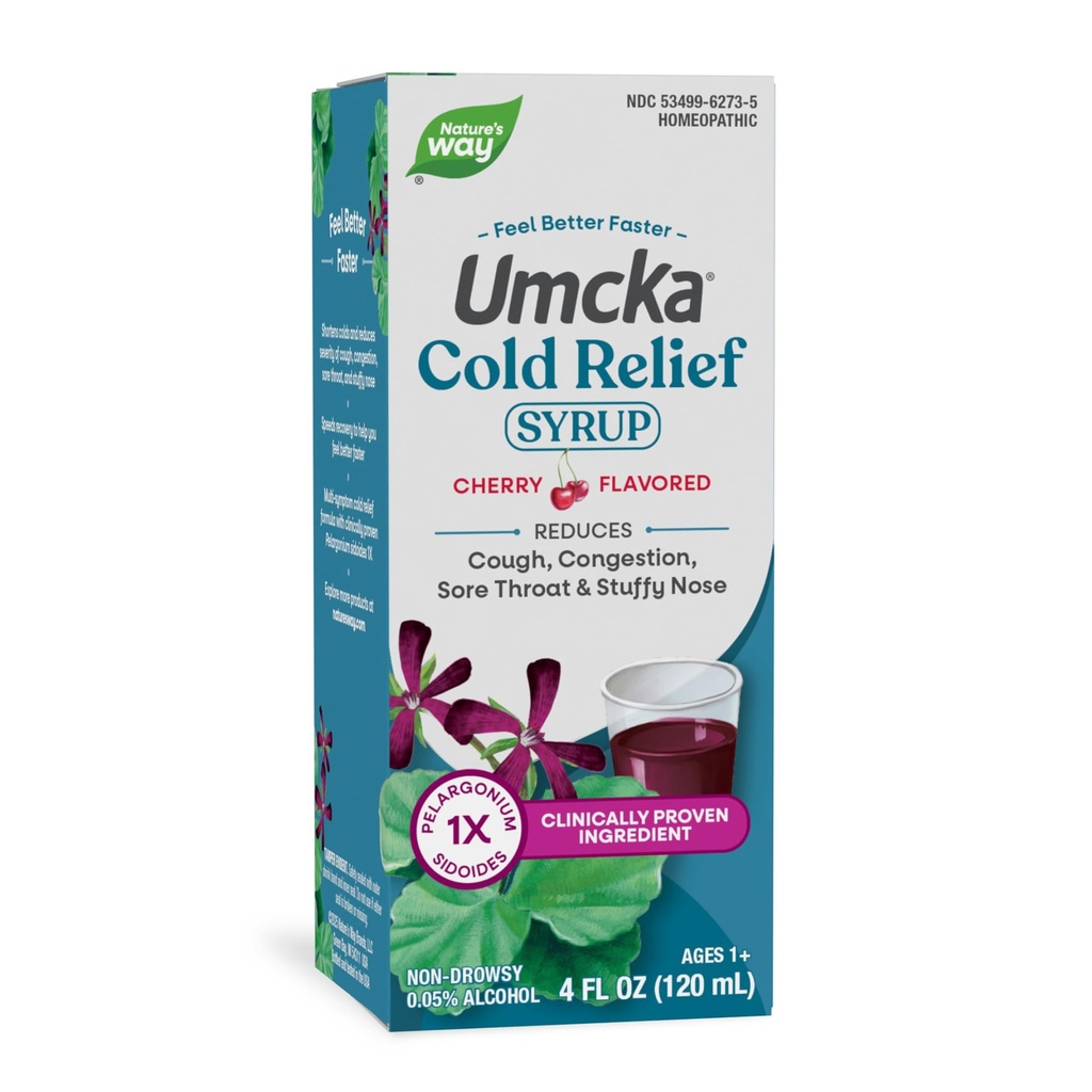Sciroppo freddo della via della natura, Umcka, abbrevia la durata e riduce la gravità, multi-sinto freddo sollievo, omeopatico, Phenylephrine libero, non-drowsy, Cherry aromaed, 4 Fl Oz (Packaging May Vary)