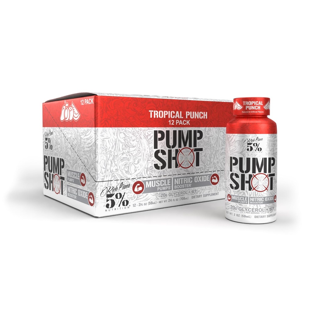 5% Nutrition Rich Piana Pump Shot Liquid Glycerol Nitric Oxide Booster, Stim Free Pre Workout | 20.000 mg con S7 | Pompe, Hydration | Fruit Punch Flavor (12 Pack Caddy)