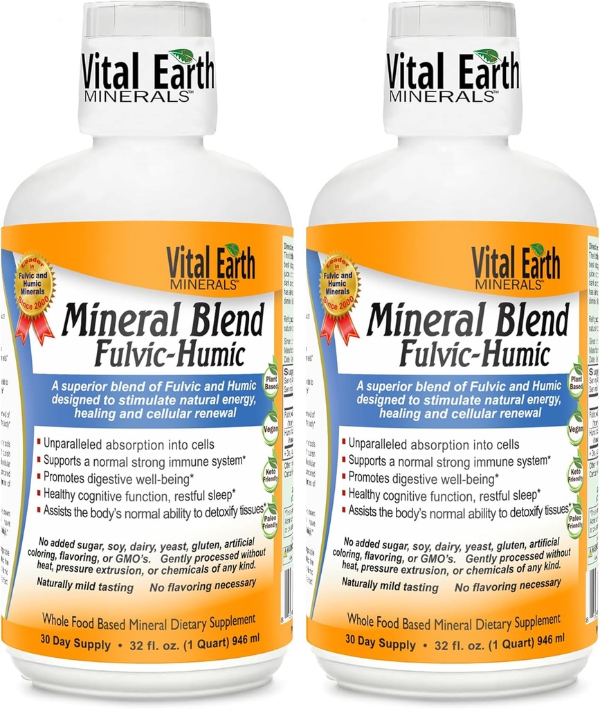 Vital Earth Minerals Fulvic Humic Mineral Blend Liquid 2-Pack – Supplemento acido Fulvic con 70+ minerali Trace, elettroliti per il recupero, equilibrio & energia, 32 Oz Ea + 1 Oz Cup Ea