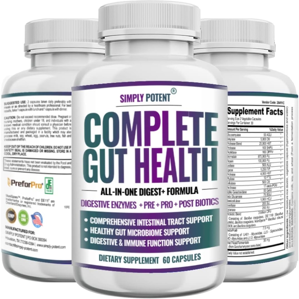 Gut Salute completa, Enzimi Digestivi Plus Prebiotici, Probiotici e Post Biotic Supporto Gastrointestinale, Supporti Gut Health & Immune Funzione, 60 Capsule