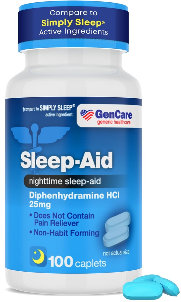 GenCare - Sleep Aid Diphenhydramine HCL 25mg Blue Caps (100 Caplets) - Non Habit Forming Nighttime Sleeping Pills for Adults to Fall Asleep Faster & Sleep Deeper Through the Night - Sleep Aids