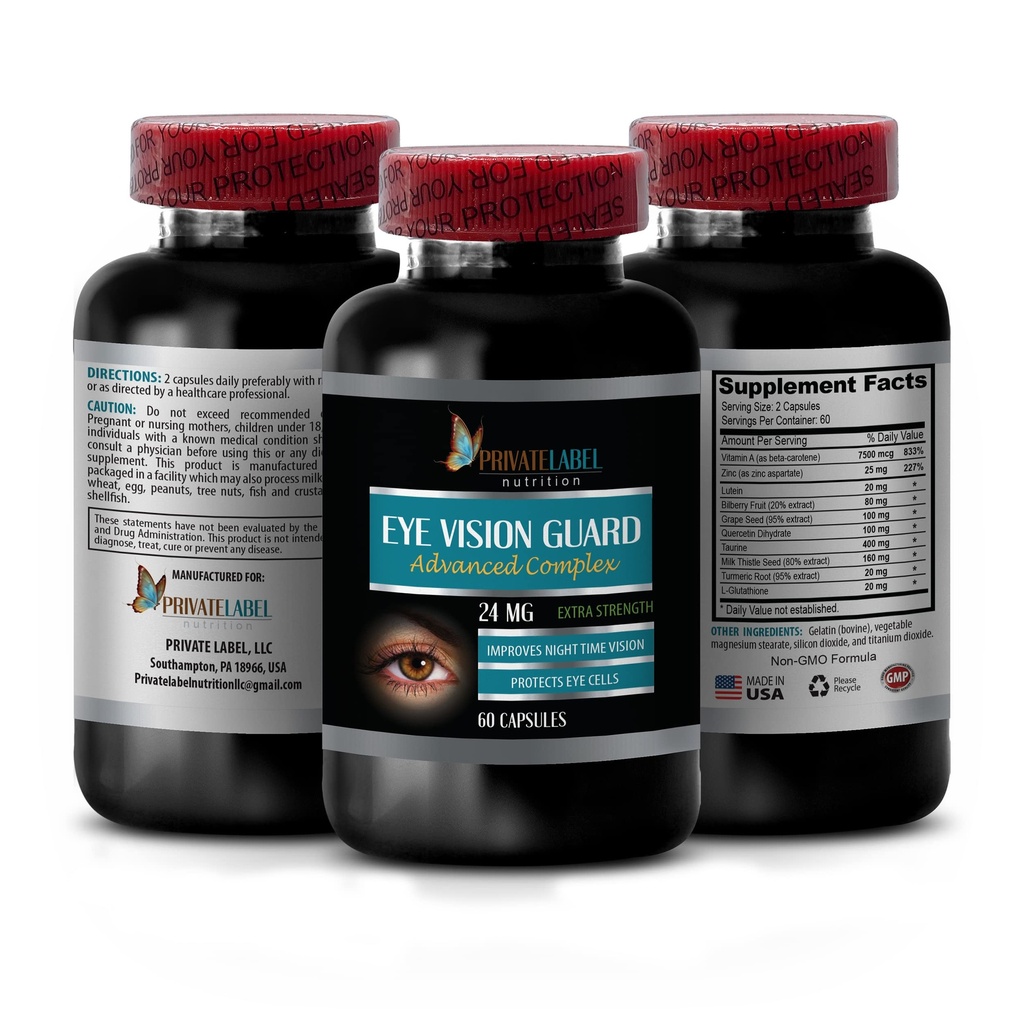 Vision Vitamine con Lutein - Eye Vision Guard 24 MG - Advanced Complex, Supporto per la visione degli occhi, Integratori di Lutein, Integratore di vitamina A, Estratto di curcuma, Estratto di mirtillo, Taurina, 1 Bot 60 capsule