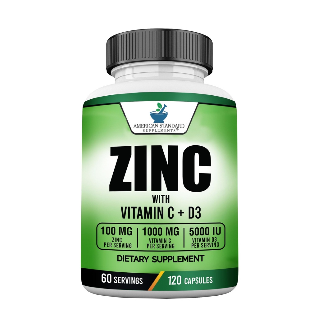 Integratori Standard Americani Zinc 100mg, Vitamina C 1000mg e Vitamina D3 5000 IU (125mcg) Per Serve - Gluten Free, Non OGM, 120 Capsule, 60 Serve