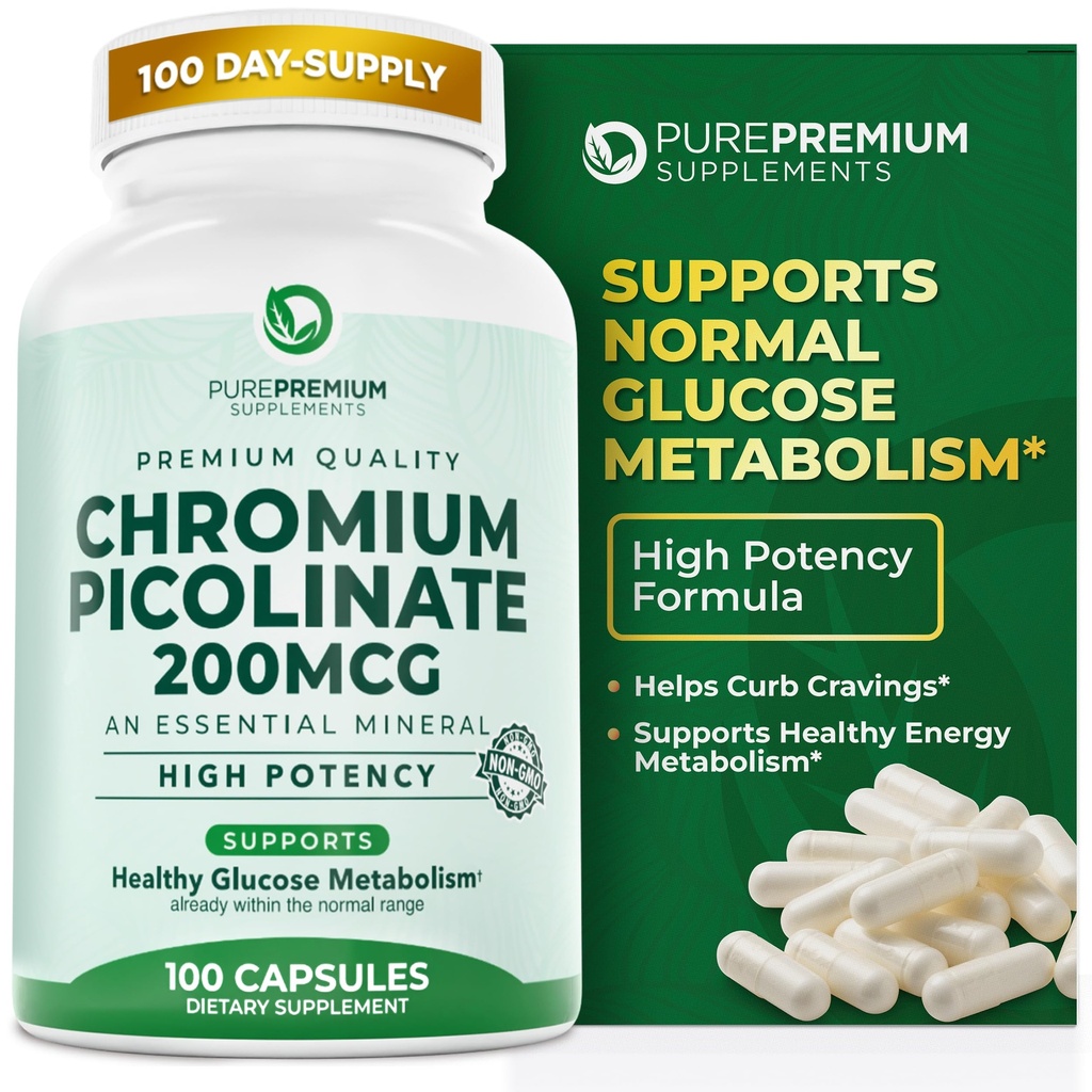 PurePremium Chromium Picolinate 200mcg - Integratori di cromo ad alta potenza - Sostegno di salute minerale essenziale per uomini/donne - senza glutine - 3 mesi di alimentazione - 100 capsule